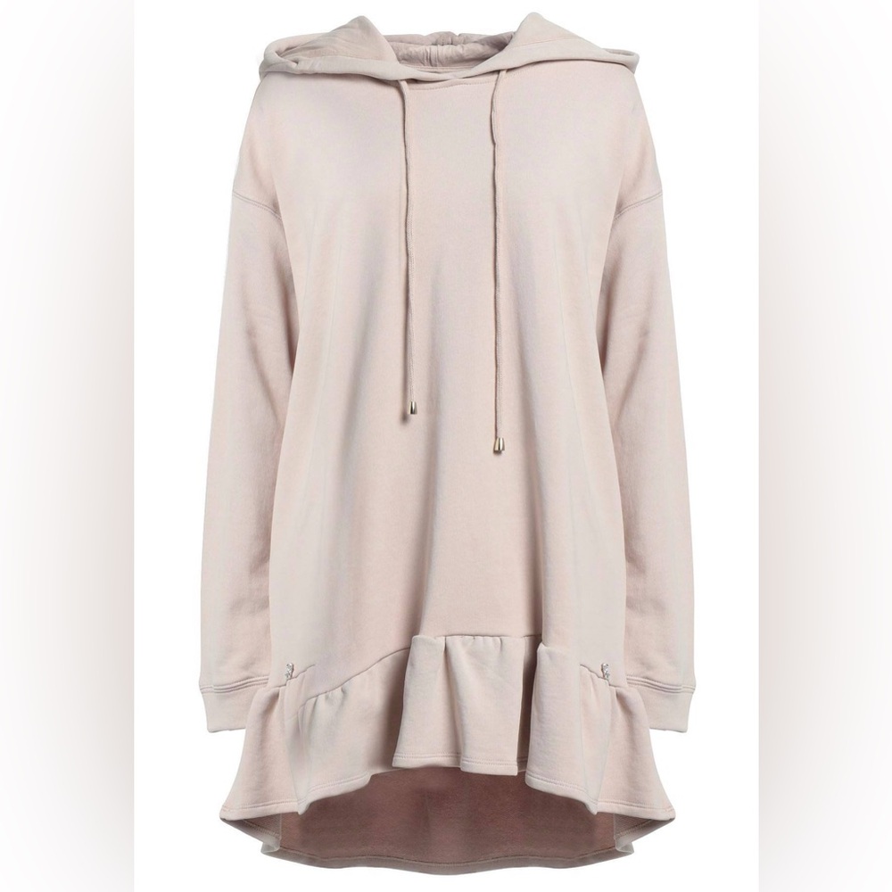 Kaos Beige Hoodie Mini Dress with Ruffle Hem cotton Hood Dress